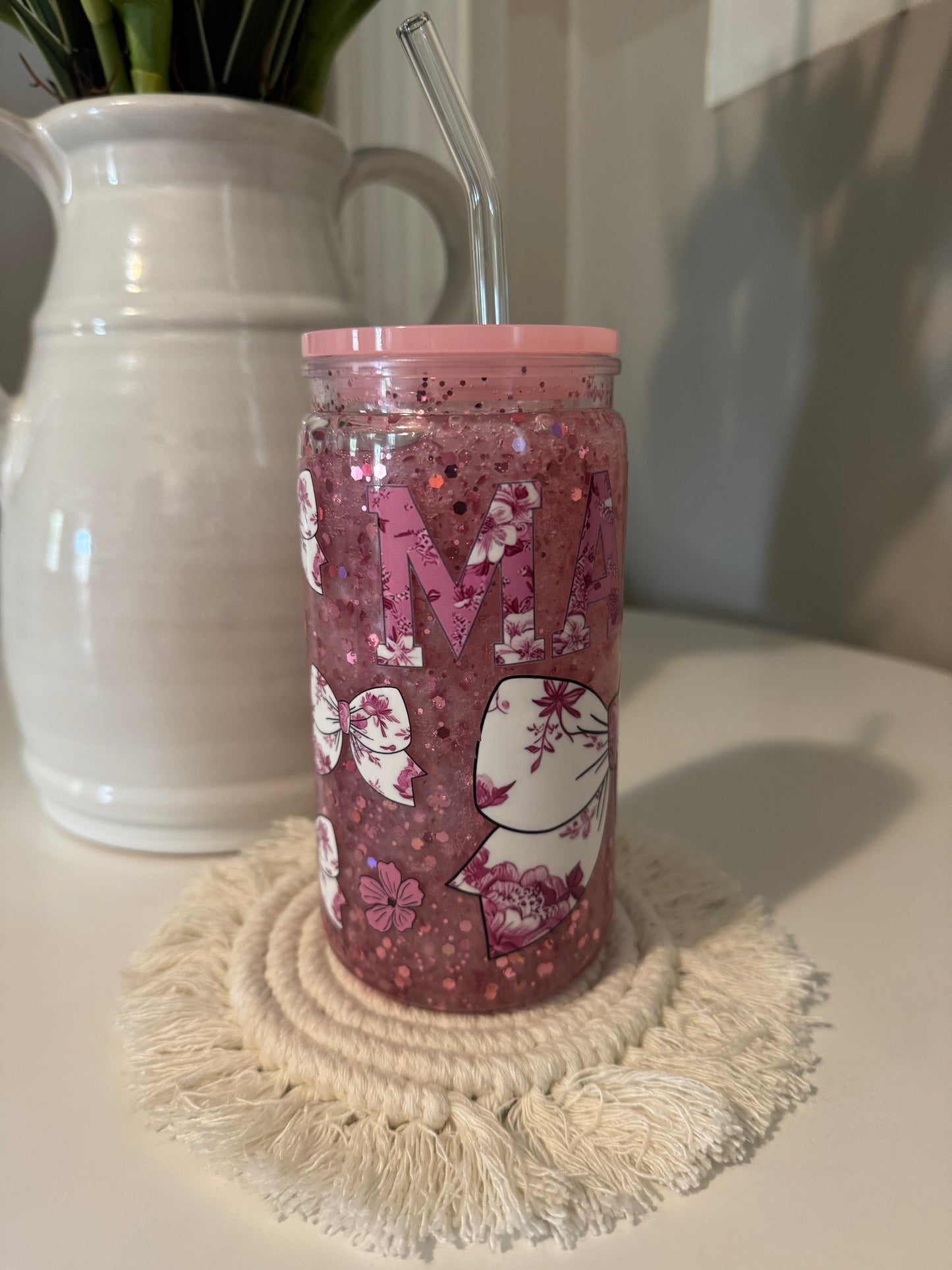 16oz Acrylic Snow Globe Cup ā Mami Pink Bows Design šāØ