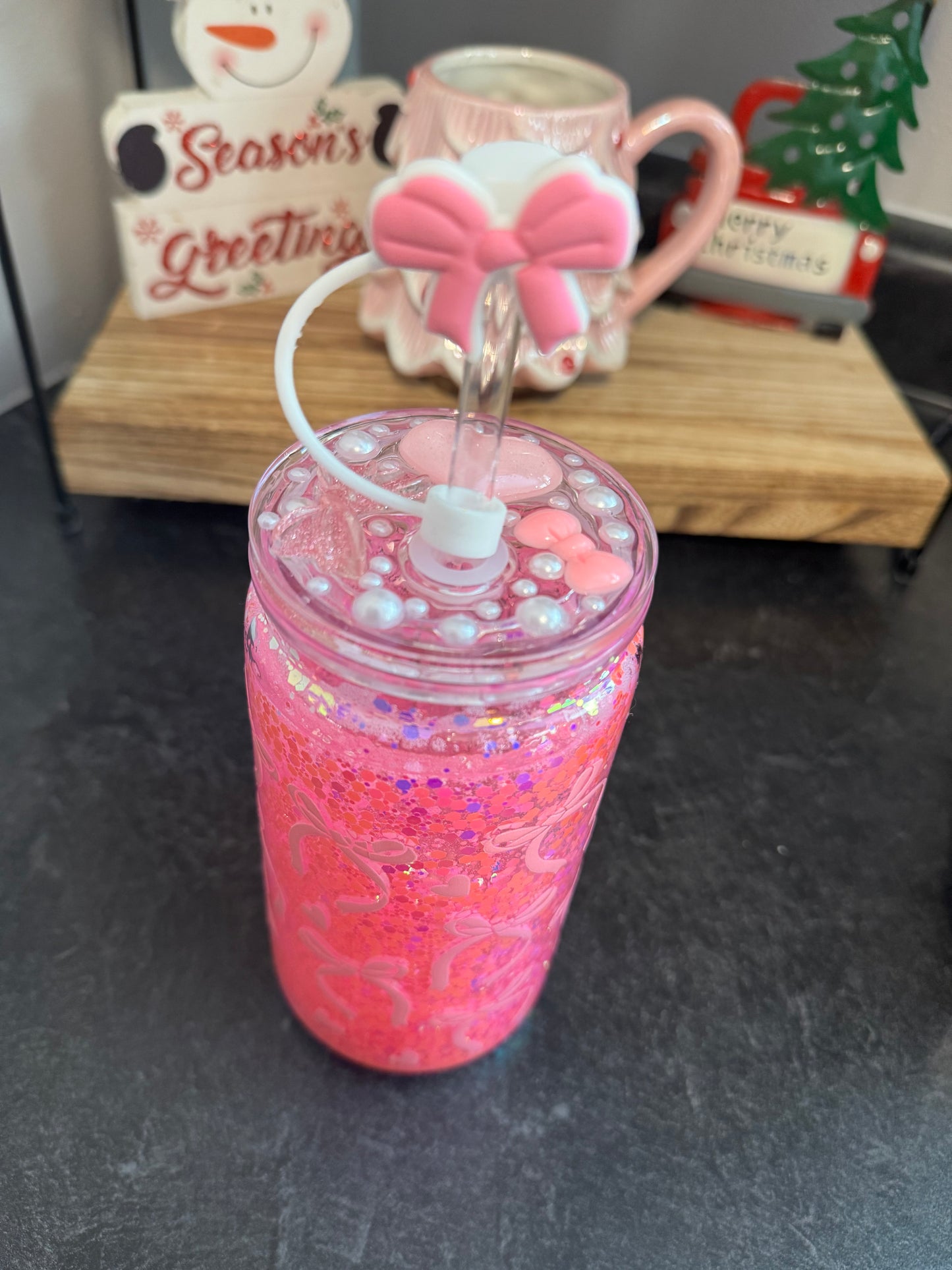 16oz Acrylic Snowglobe with Glitter Effect and Pink Bows with Straw, Decorated Lid and Straw Topper