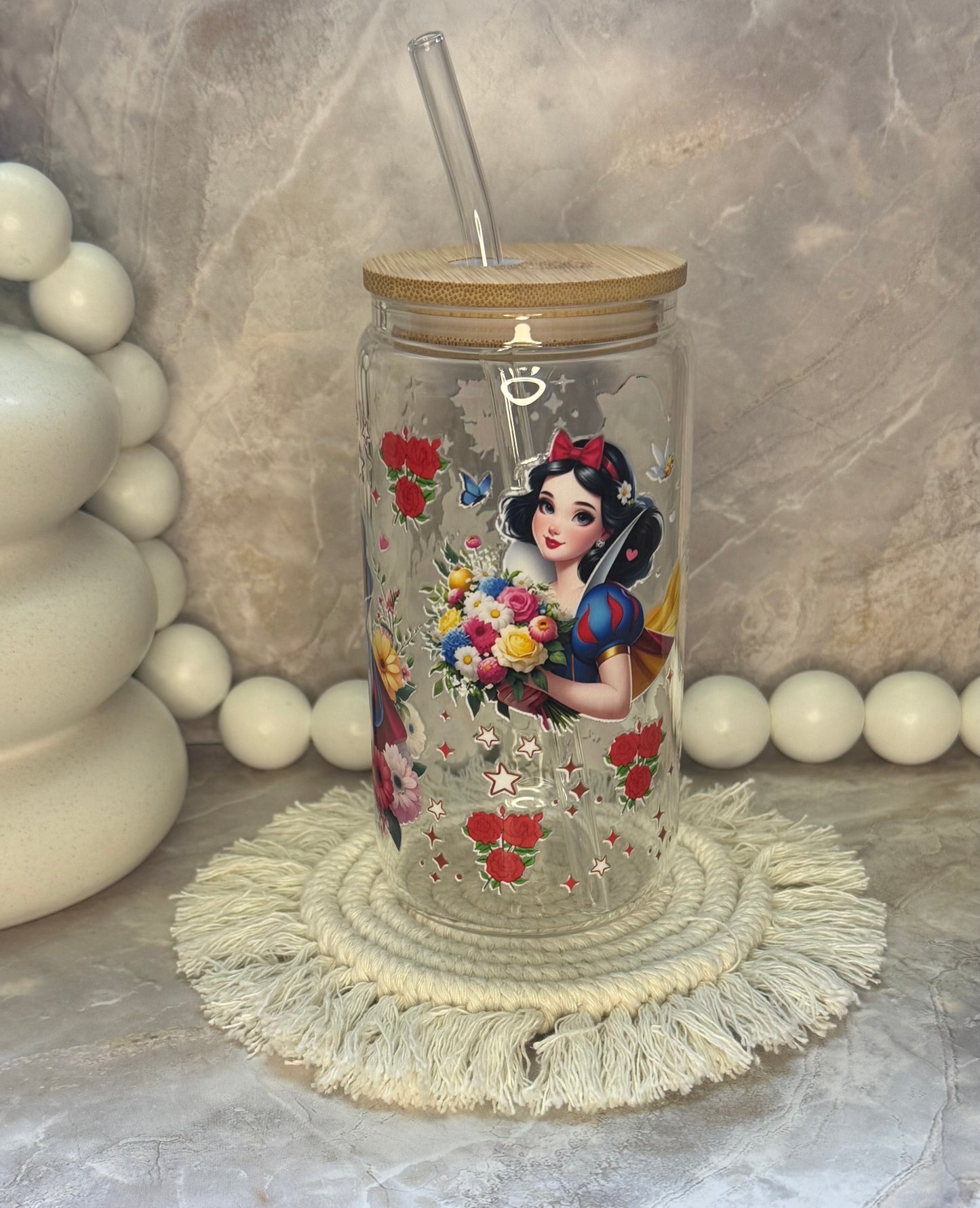 16oz Glass Cup with Bamboo Lid and Plastic Straw