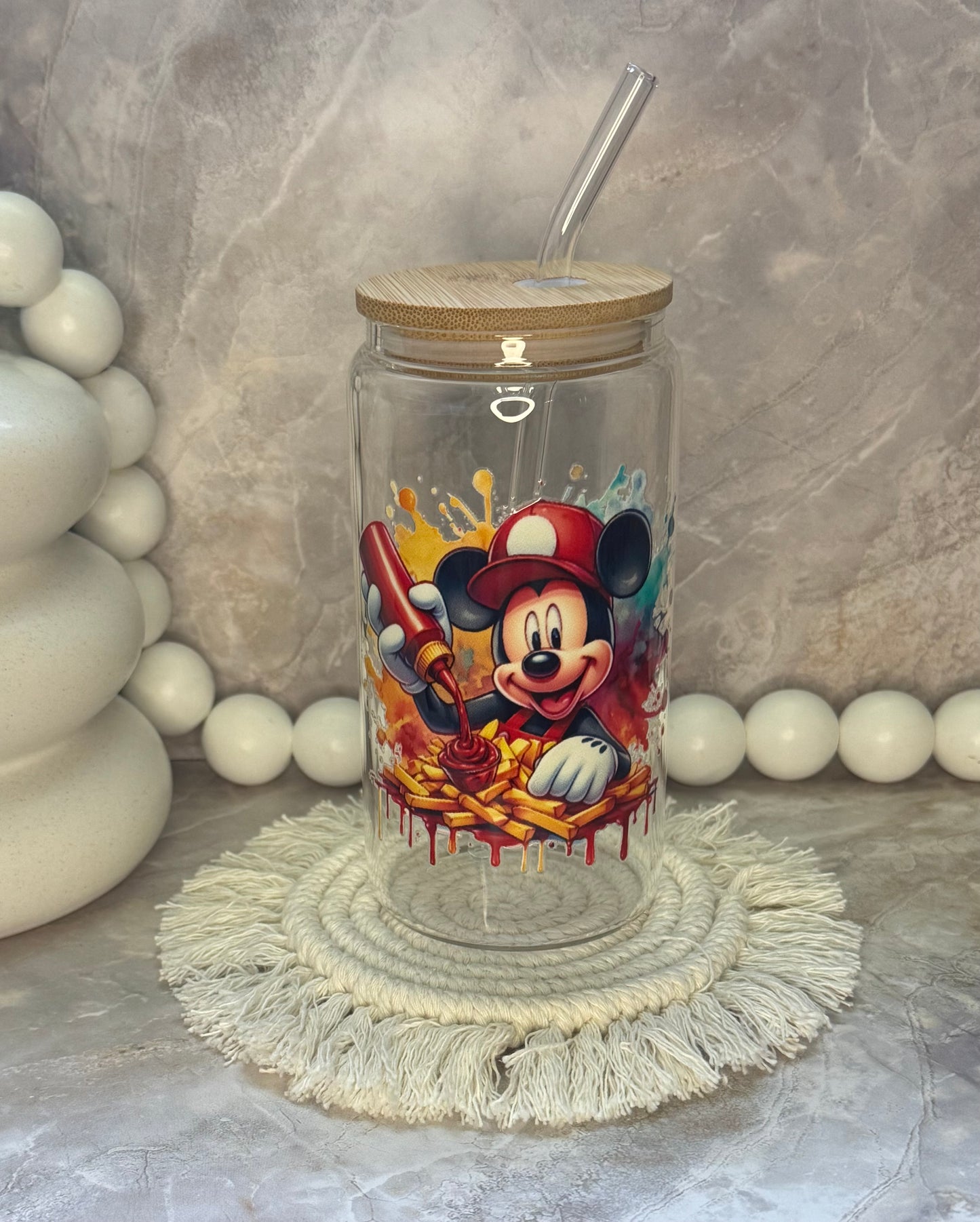 16oz Glass Cup with Bamboo Lid and Plastic Straw