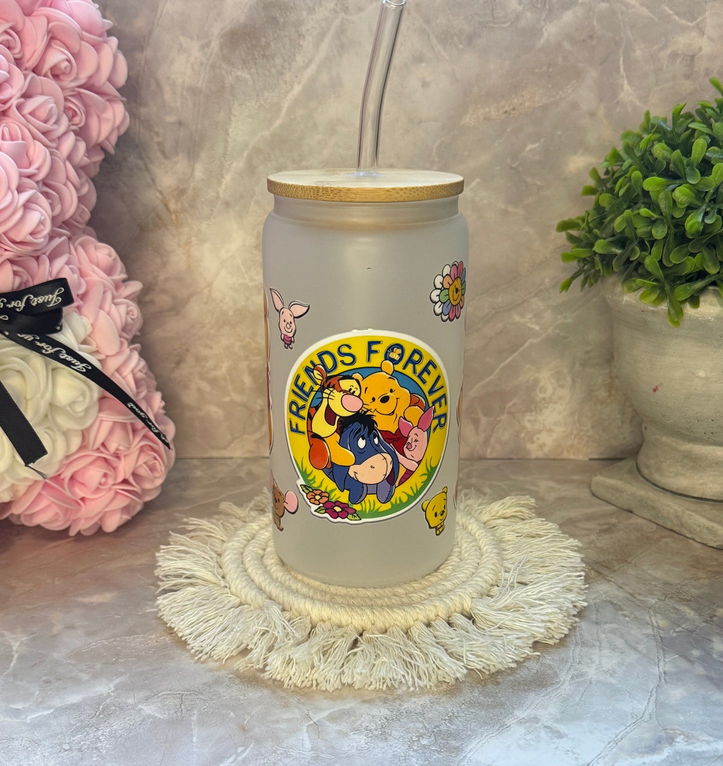 16oz Glass Cup with Bamboo Lid and Plastic Straw
