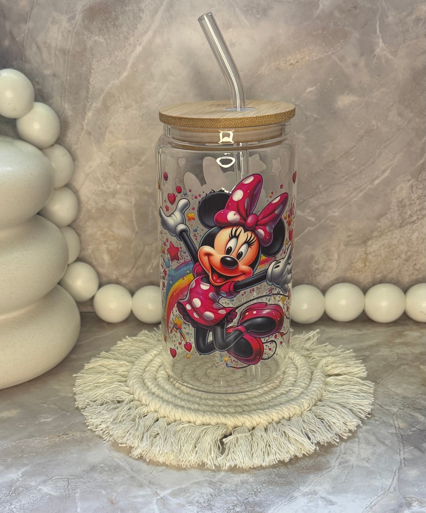 16oz Glass Cup with Bamboo Lid and Plastic Straw