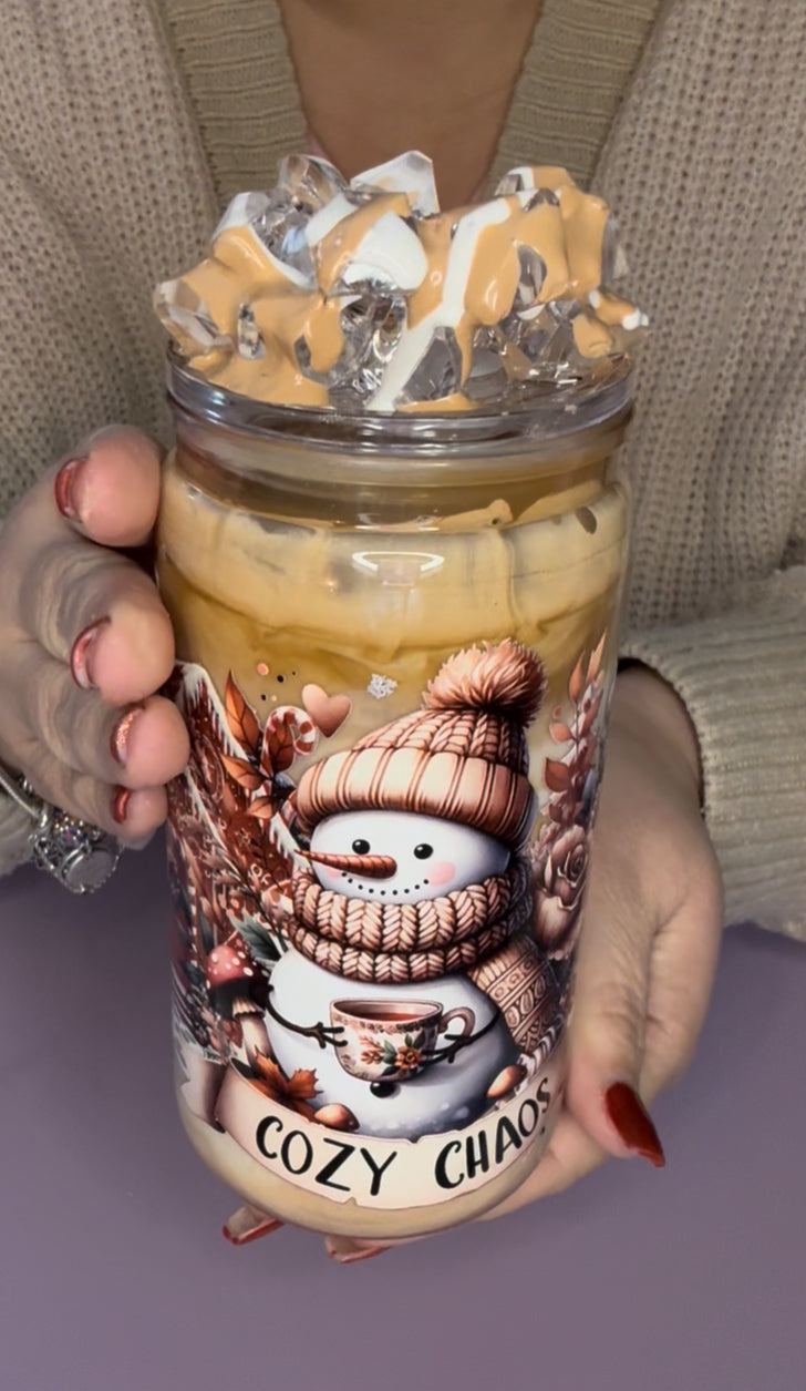 16oz Glass Cup with Swirl Effect, Christmas Snowman Design. Includes decorated lid and plastic straw.