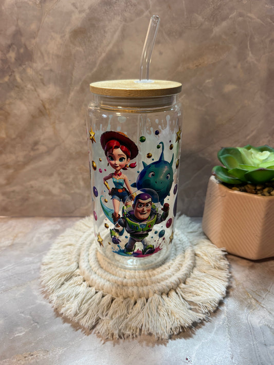 16oz Glass Cup with Bamboo Lid and Plastic Straw