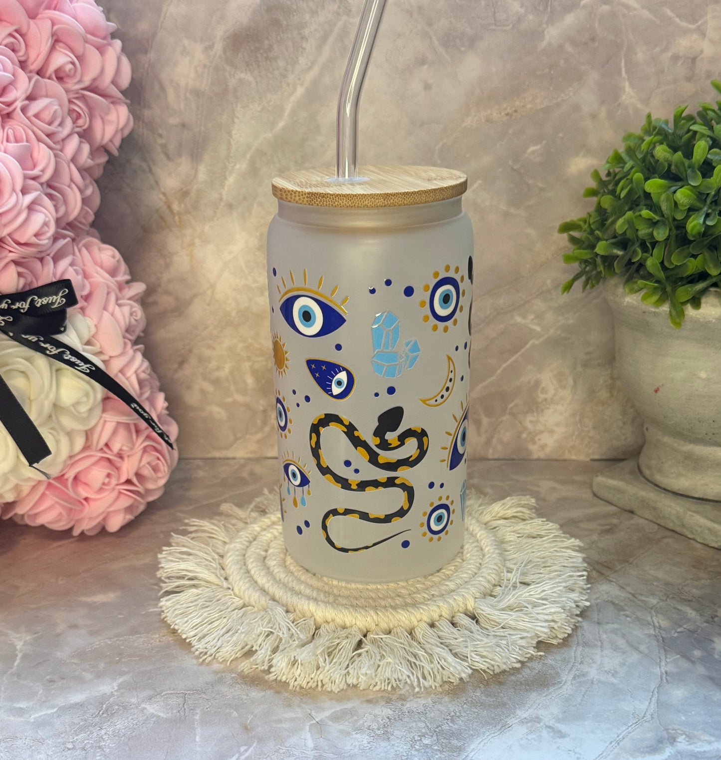 Evil Eye Frosted Glass Cup