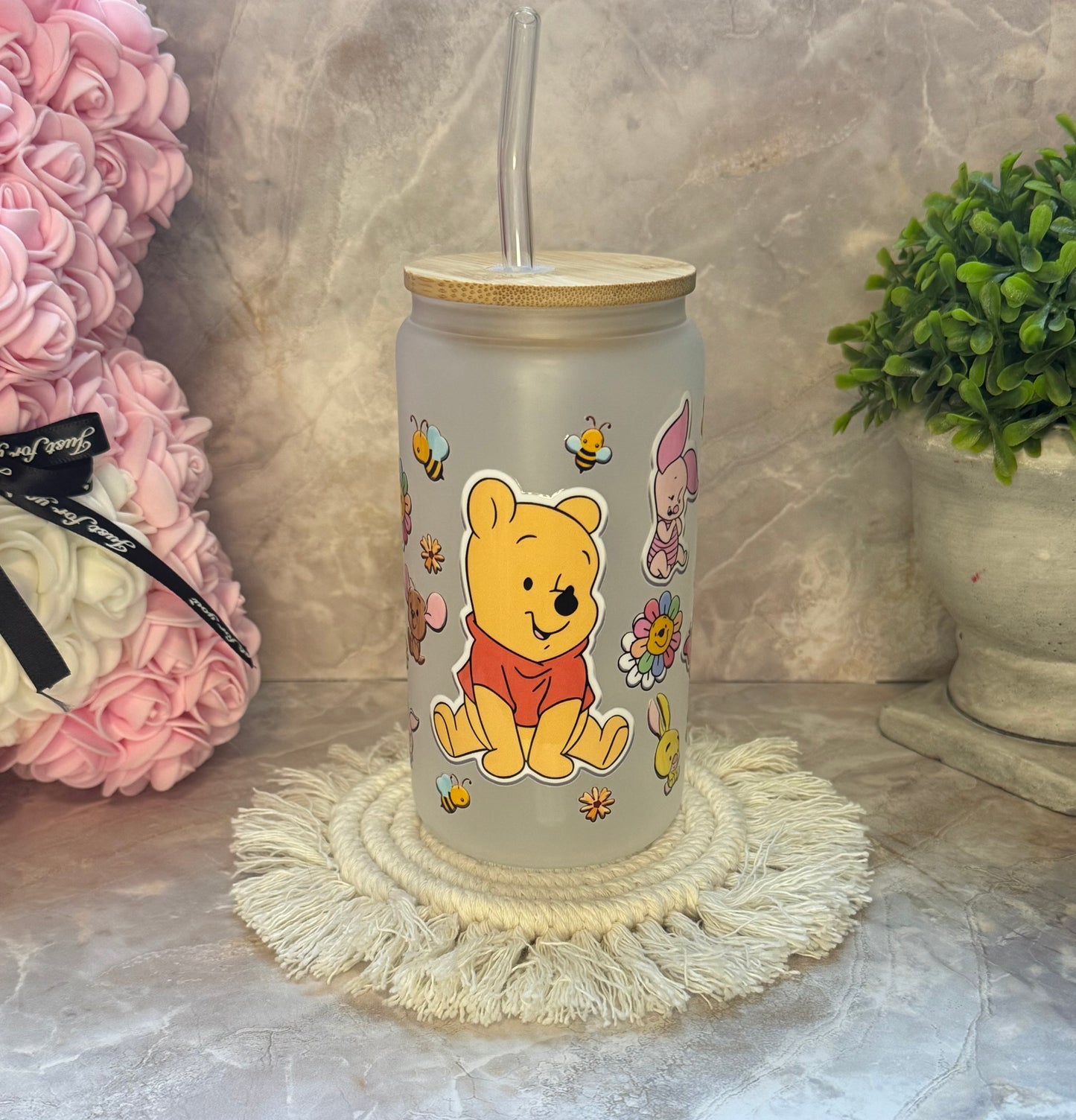 16oz Glass Cup with Bamboo Lid and Plastic Straw