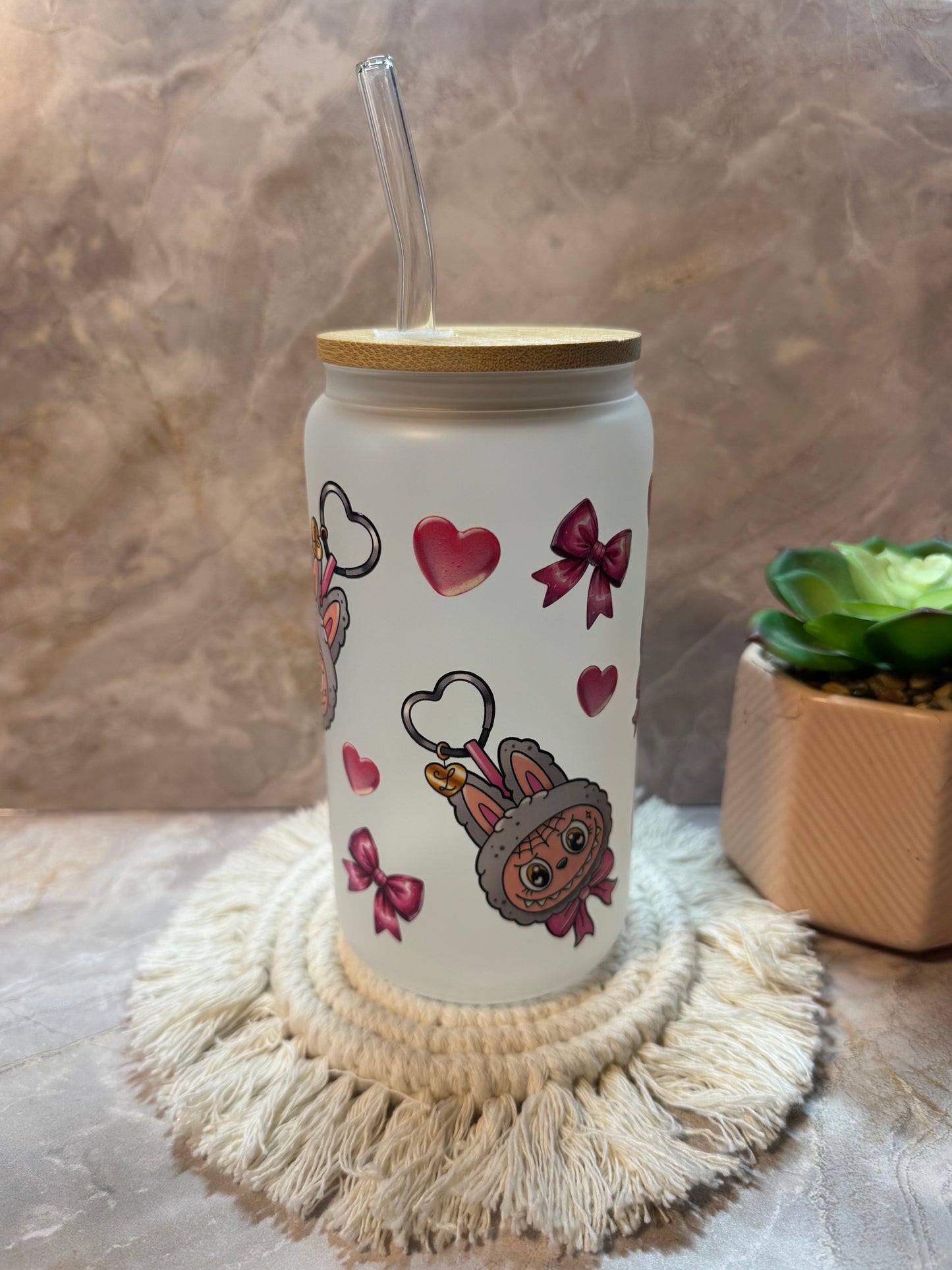 16oz Glass Cup with Bamboo Lid and Plastic Straw