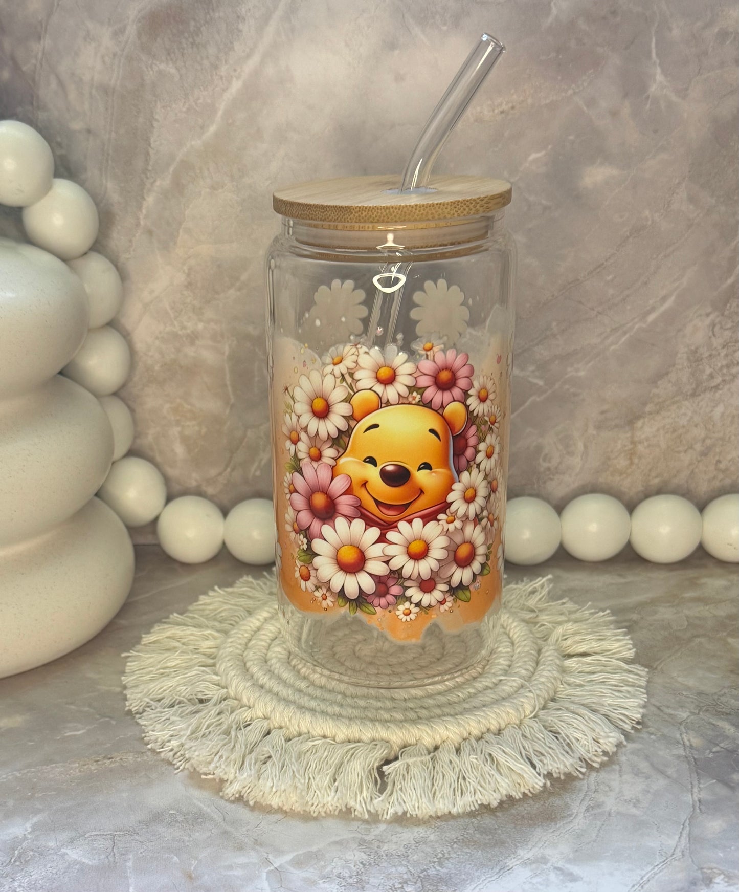 16oz Glass Cup with Bamboo Lid and Plastic Straw