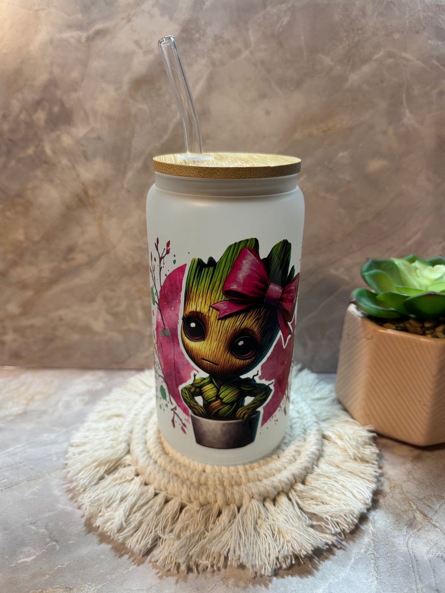 16oz Glass Cup with Bamboo Lid and Plastic Straw