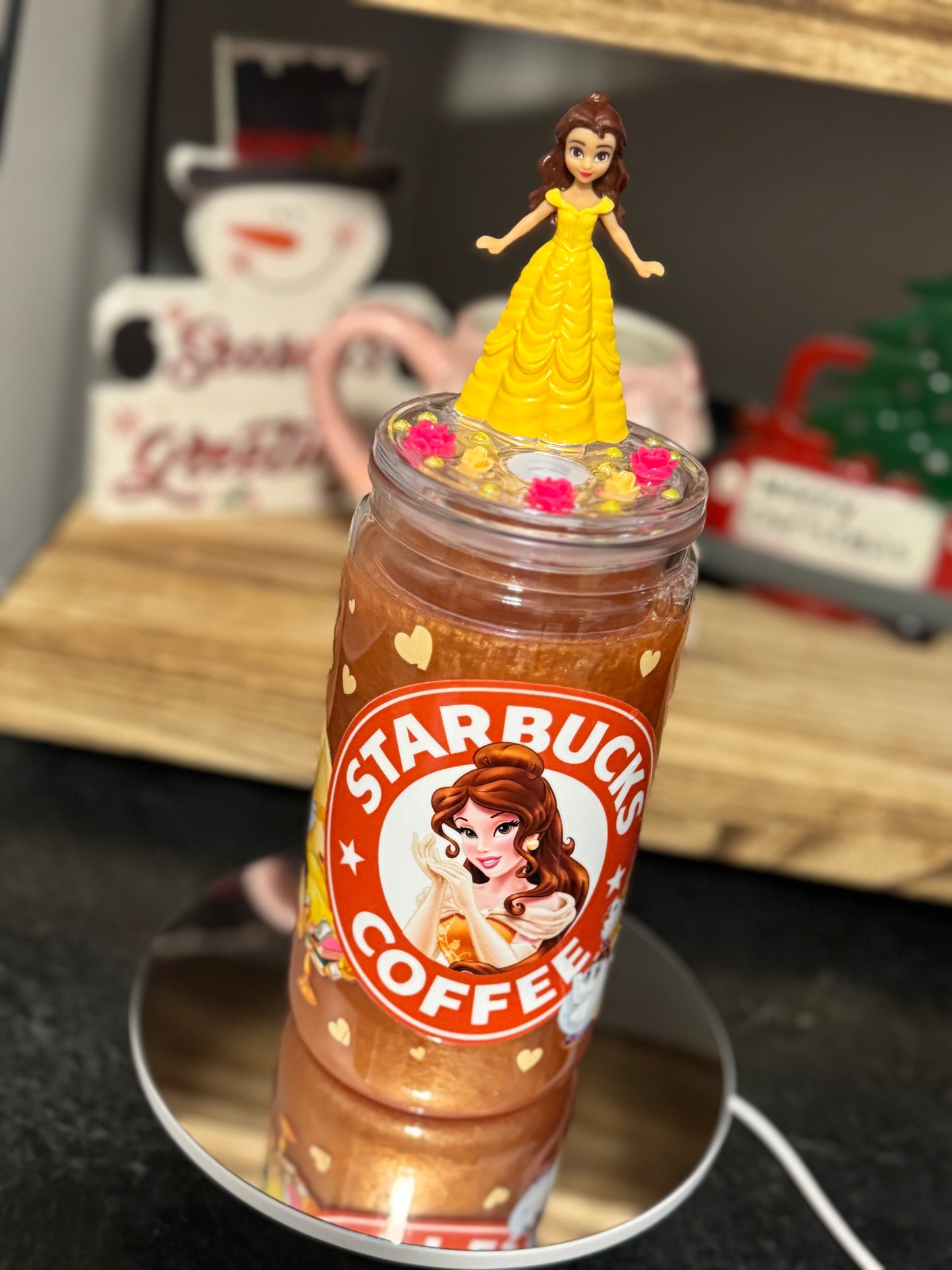 16oz Acrylic Mica Powder Snowglobe with Decorated Lid and Straw