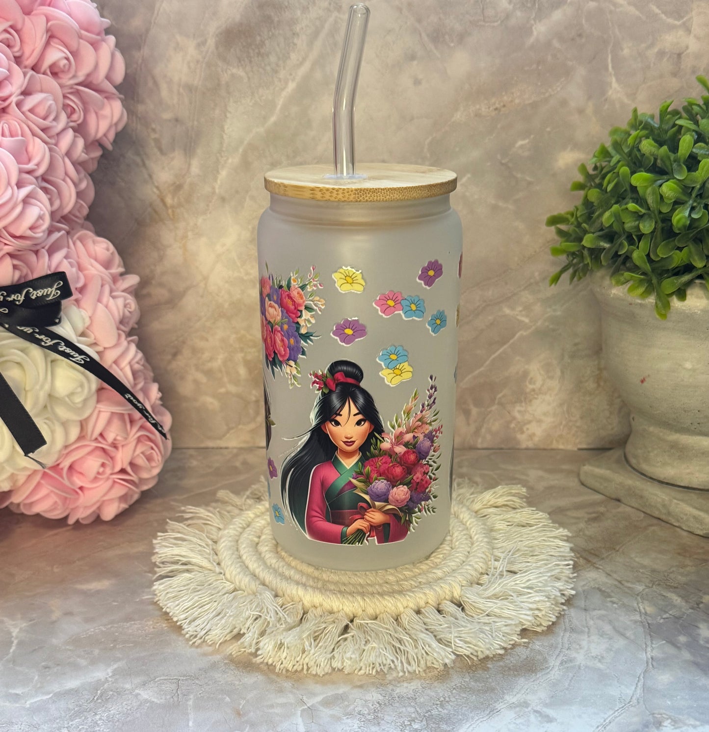 16oz Glass Cup with Bamboo Lid and Plastic Straw