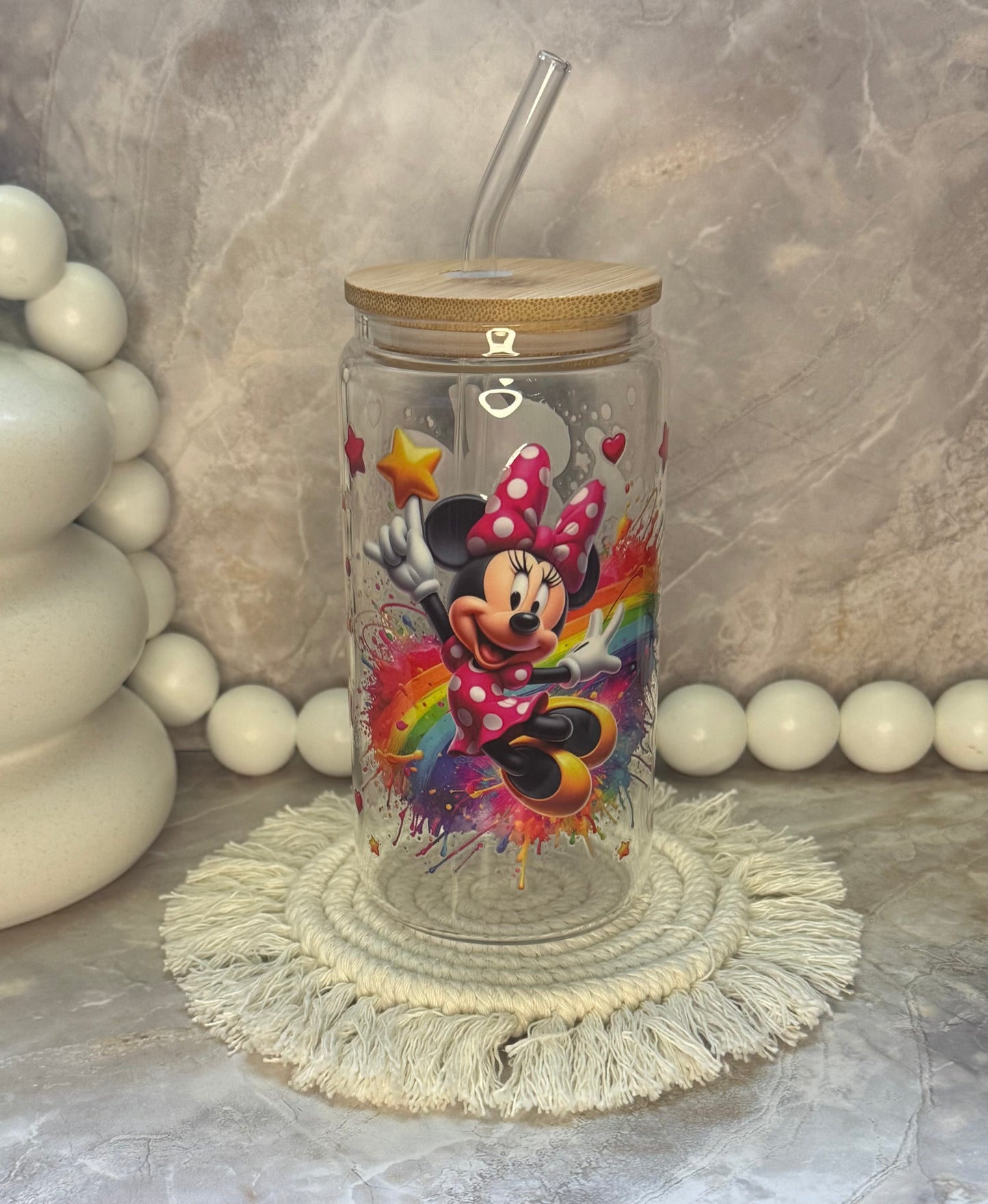 16oz Glass Cup with Bamboo Lid and Plastic Straw