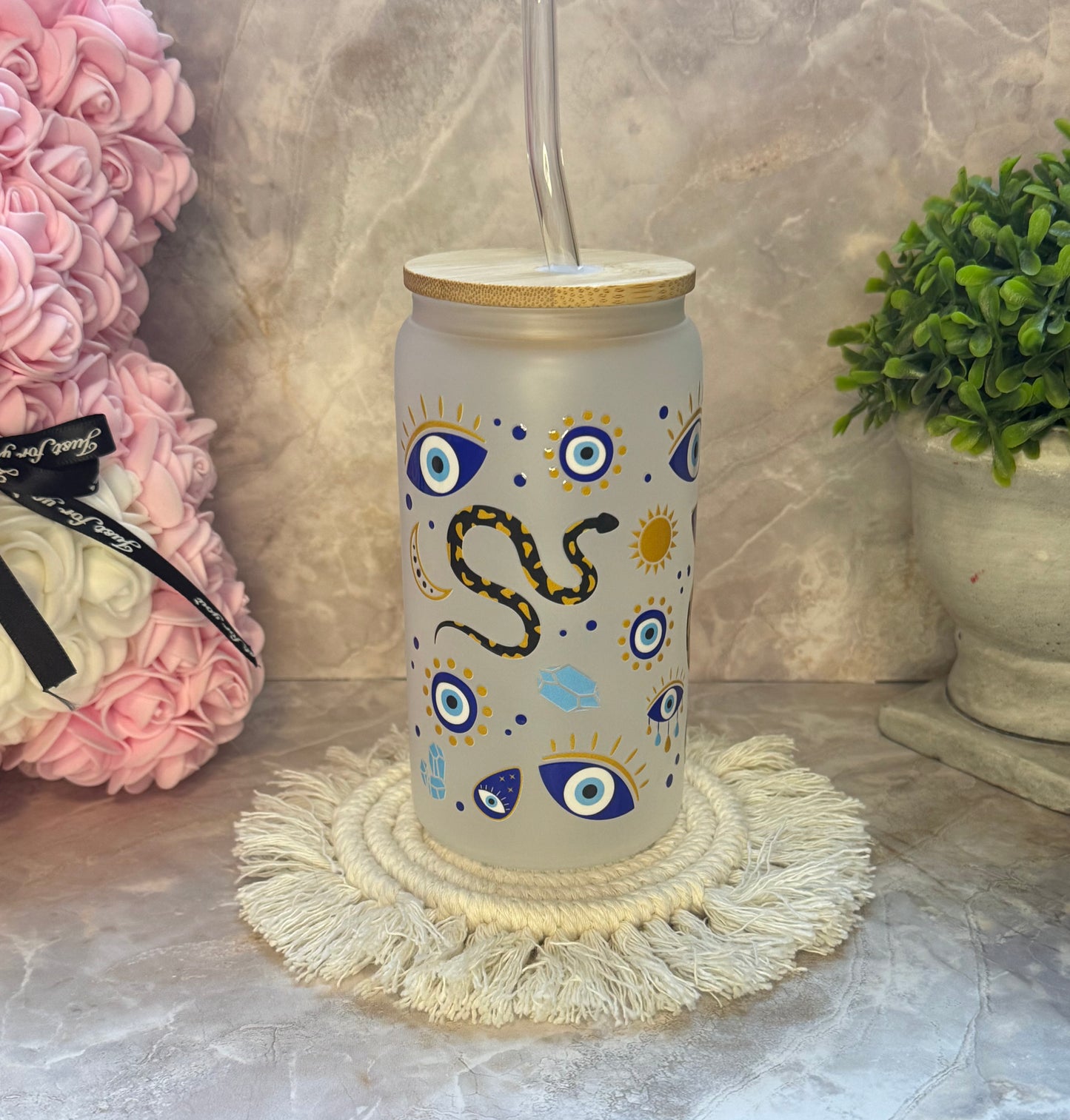 Evil Eye Frosted Glass Cup