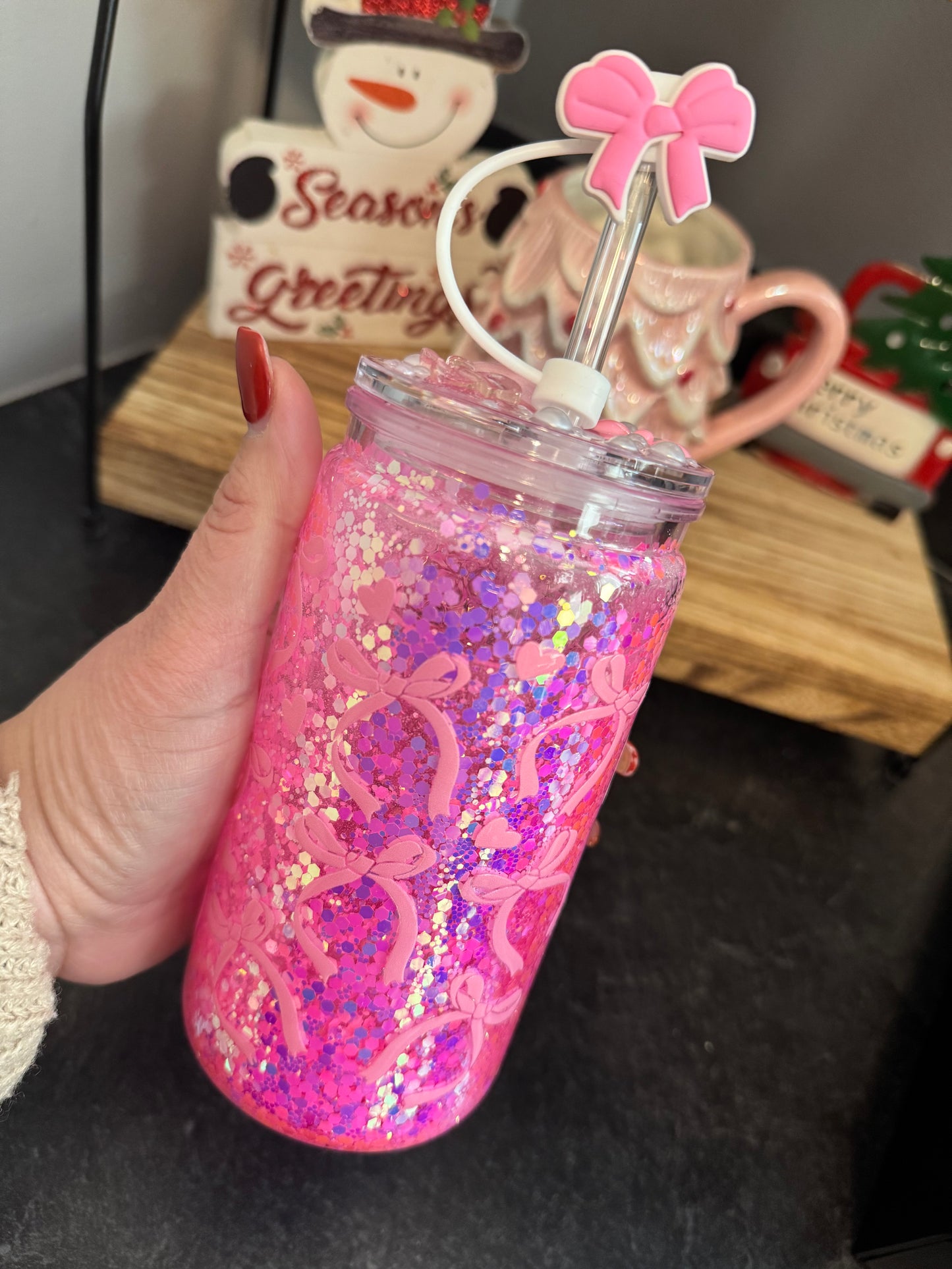 16oz Acrylic Snowglobe with Glitter Effect and Pink Bows with Straw, Decorated Lid and Straw Topper