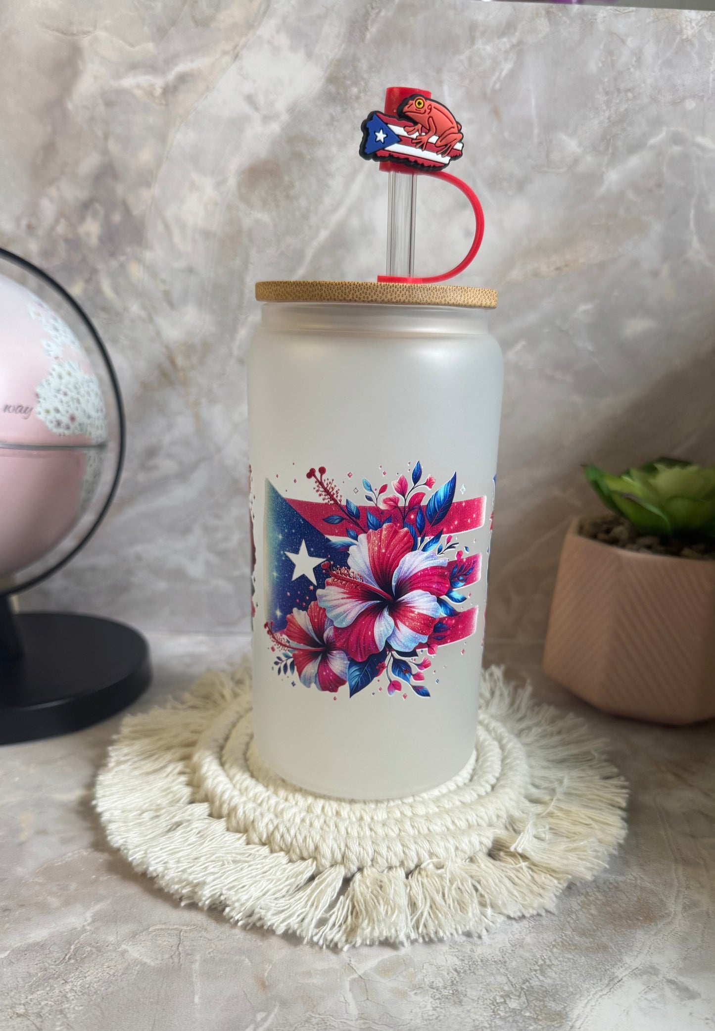 Puerto Rican Frosted Glass Cup with Straw Topper