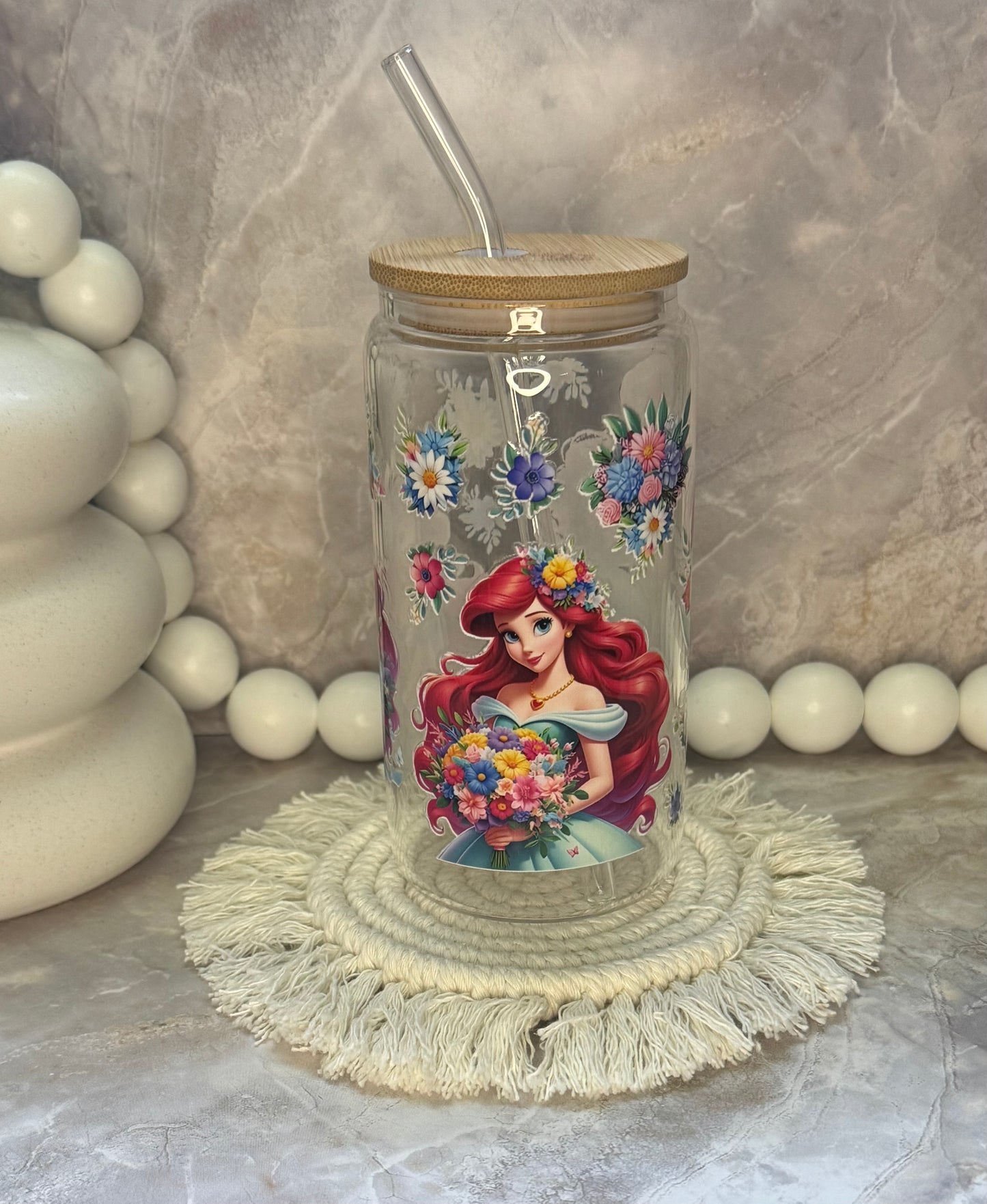 16oz Glass Cup with Bamboo Lid and Plastic Straw