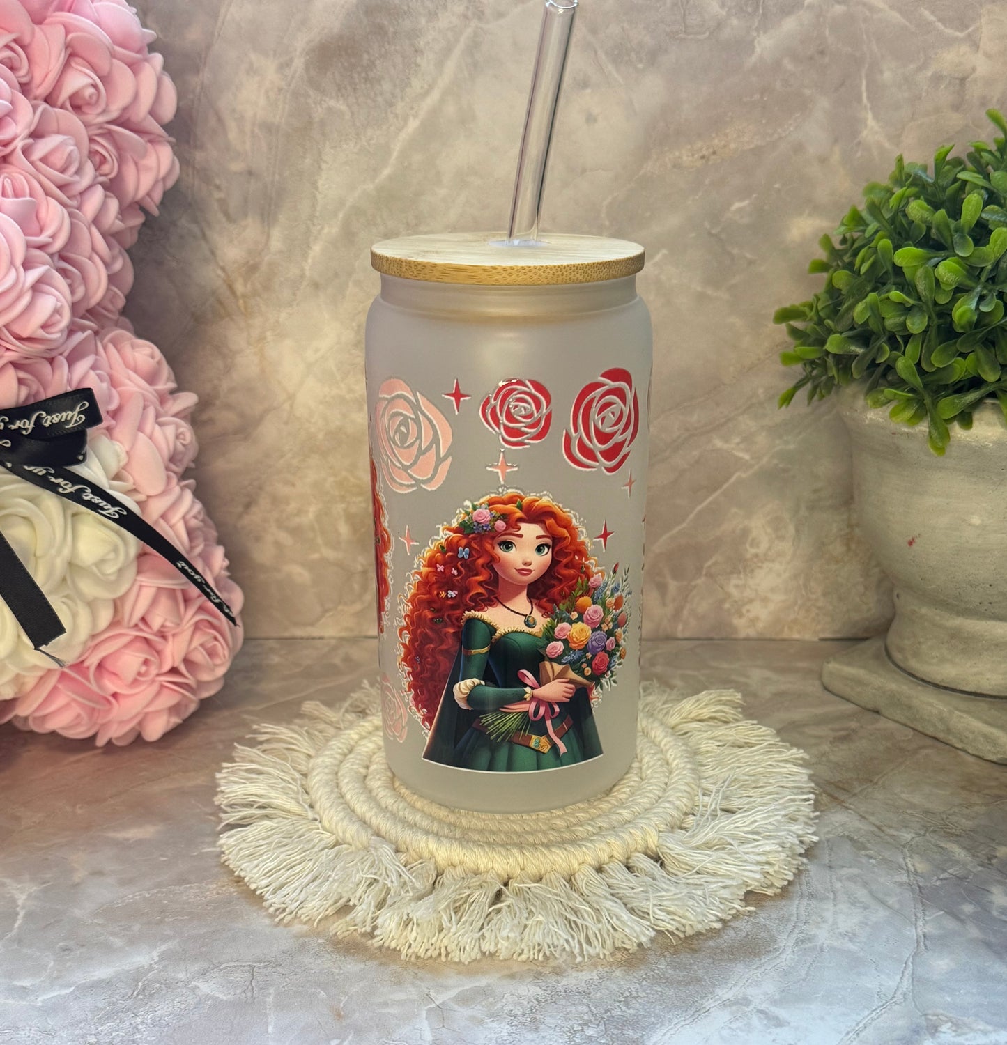 16oz Glass Cup with Bamboo Lid and Plastic Straw