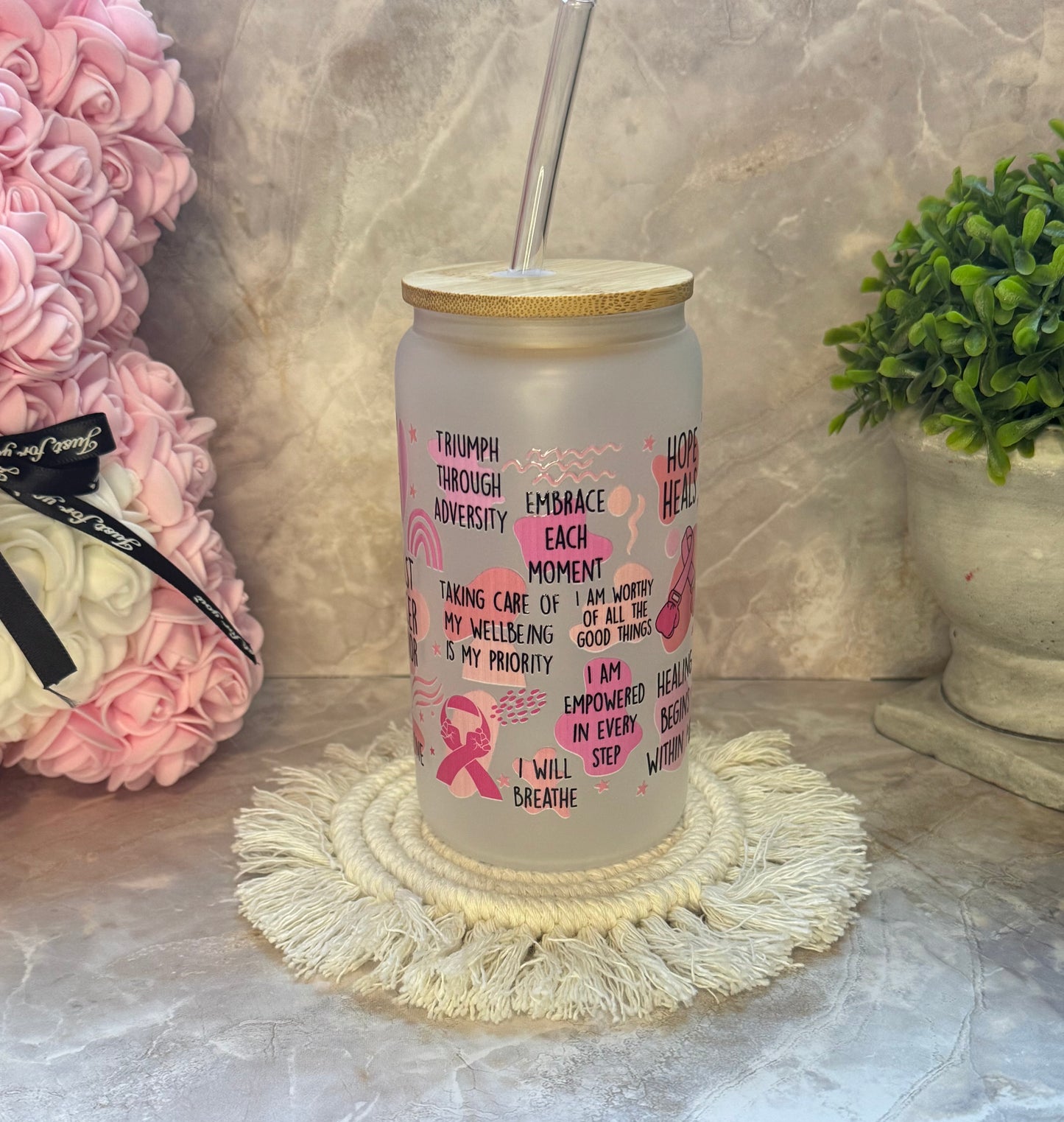 Breast Cancer Frosted Glass Cup