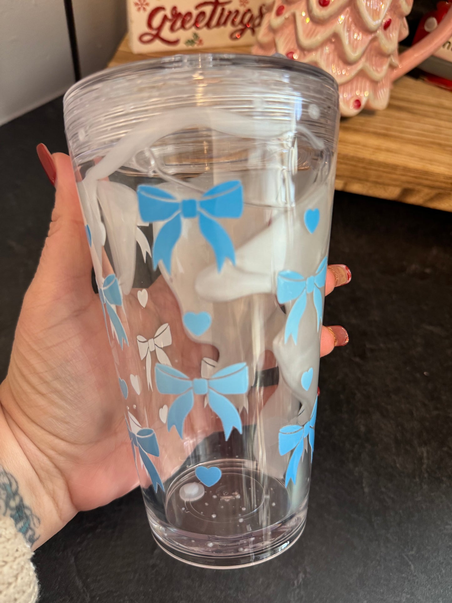 16oz Acrylic Mica Lava Cup with Blue Bows and Hearts