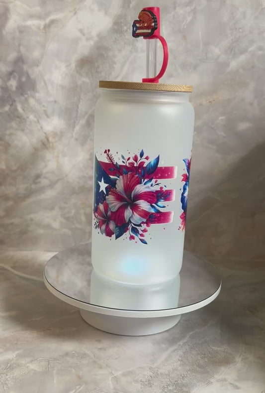 Puerto Rican Frosted Glass Cup with Straw Topper