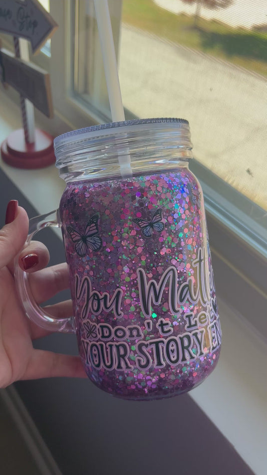 20oz Mason Jar with Glitter Effect and Sunflower and Butterfly Design