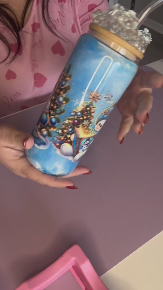 20oz Glass Snowglobe Mug with Handle, Swirl Effect, Snowman Design. Includes Decorated Bamboo Lid and Plastic Straw