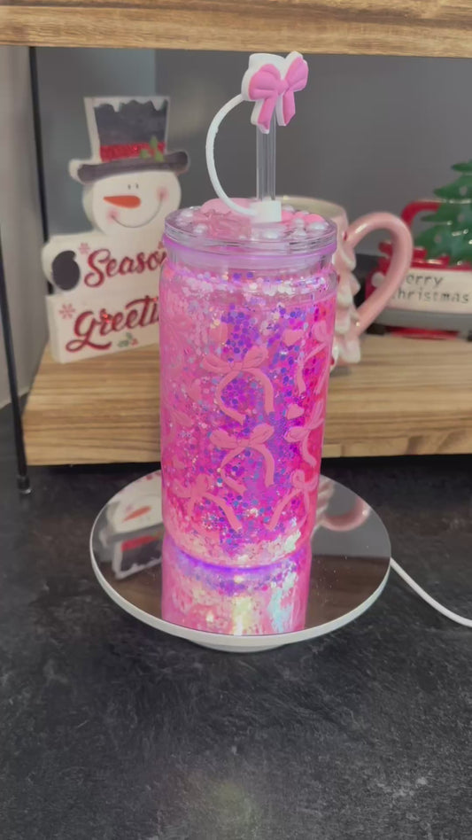 16oz Acrylic Snowglobe with Glitter Effect and Pink Bows with Straw, Decorated Lid and Straw Topper