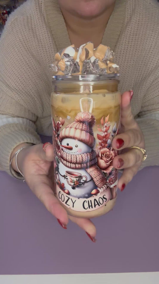 16oz Glass Cup with Swirl Effect, Christmas Snowman Design. Includes decorated lid and plastic straw.